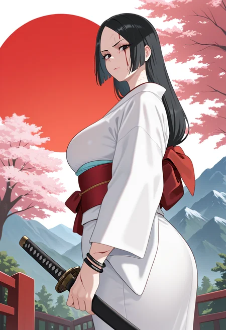 masterpiece, best quality, amazing quality, very aesthetic, absurdres, newest,
tori gate, mountains, kimono, mist, 1girl, mature female, long hair, black hair, black eyes, katana, serious, sakura trees, rising sun, red, white, scars, two bleeding wounds, two bracelets, looking at viewer, from side, from below, <lora:Sunnysundown_Style-IL:1> pksusu