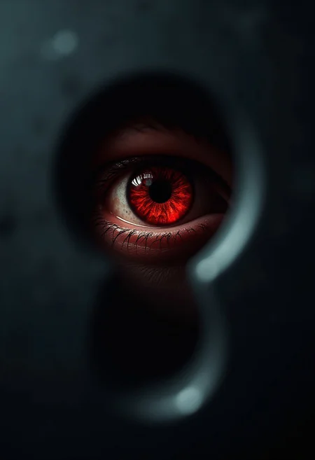 dark keyhole, eye trough the keyhole, looking trough a dark keyhole, large keyhole, eye looking trough the keyhole, eyeball, vascular eye, red eye