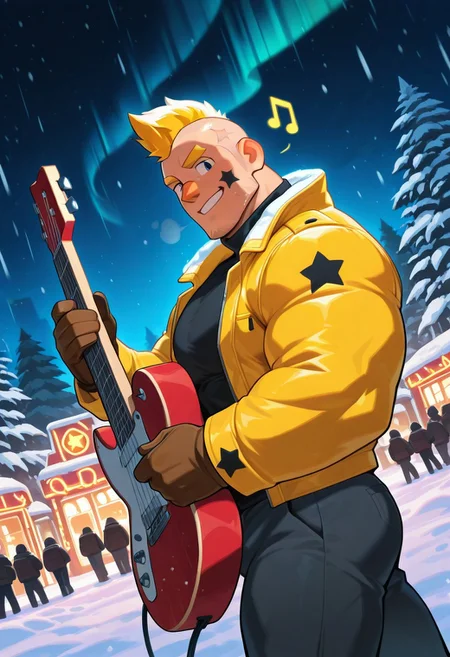 mbtiesfp, 1boy, blonde, short hair, black star on face,, yellow jacket, (white winter coat), brown gloves, black turtleneck shirt, looking at viewer, smirk, grin, happy, brawlStars, in the amusement park, pants, portrait, half body, upper body, blue eyes, shaved mohawk, source_cartoon, 2d, bara, manly, muscular, 3/4 view, night sky, aurora in the sky, snow, playing guitar, {{holding red electric guitar}}, in the concert, ((floating colorful muscial notes)), snowstorm, Side View, Pec focus, left view, warm lighting, with people walking background, {{colorful glowing musical notes}}, yellow eyebrows, yellow chin hair, facial hair, dutch angle, winter forest trees, city nightscape, colorful neon lights,