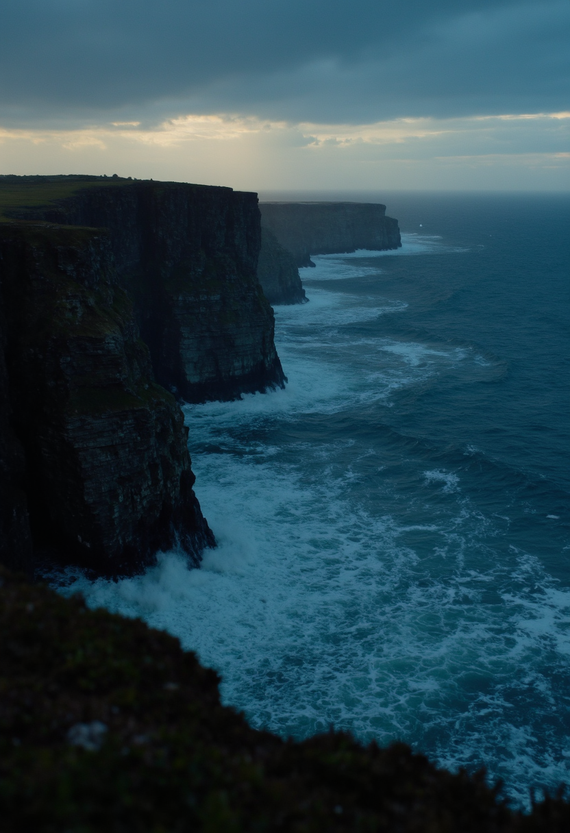 cinematic, A stormy sea crashes against rugged cliffs at twilight, film grain, Short telephoto focal length, shot on ALEXA 65, dark, 