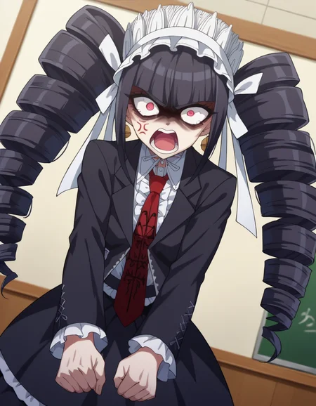 score_9, score_8_up, score_7_up, source_anime,
celestialudenberg, <lora:celestia-ludenberg-ponyxl-lora-nochekaiser:1>,
celestia ludenberg, long hair, bangs, black hair, red eyes, long sleeves, twintails, drill hair, twin drills, angry, anger vein, open mouth, shouting,
skirt, shirt, black hair, long sleeves, jewelry, jacket, earrings, frills, necktie, black skirt, black jacket, red necktie, bonnet, print necktie,
indoors, classroom,
looking at viewer, cowboy shot, dutch angle,