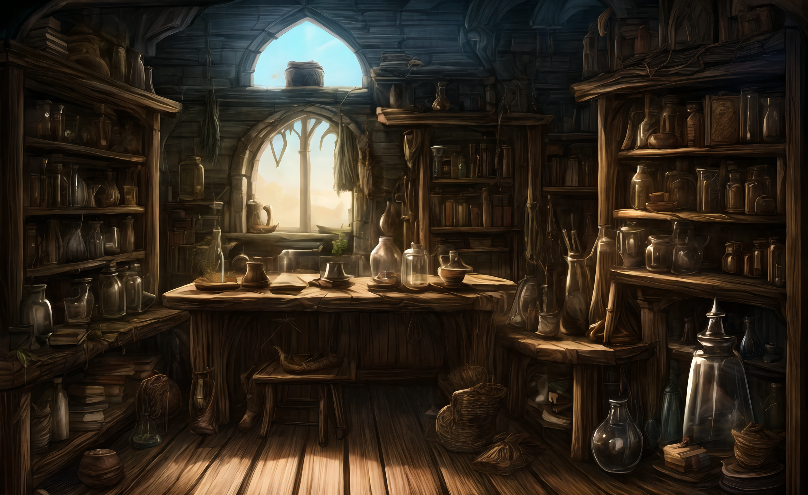 medieval, interior, medieval interior, wooden interior, table, chair, big black cauldron, shelves, books, scrolls, window covered with thin see-through animal hides, (jars filled with mysterious ingredients for brewing potions with:0.4), herbs, a small pestle and mortar, 
HD, very detailed, ambient lighting,
<lora:more_details:1> <lora:Bloodborne:0.25> ,   <lora:FantasyInteriors:0.4> fanint <lora:FantasyStudy:0.4> fanstu