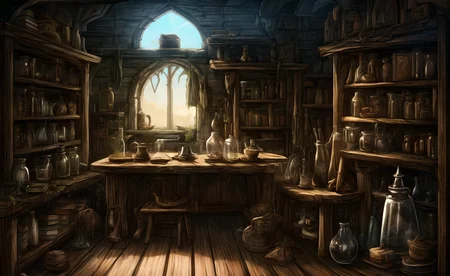 medieval, interior, medieval interior, wooden interior, table, chair, big black cauldron, shelves, books, scrolls, window covered with thin see-through animal hides, (jars filled with mysterious ingredients for brewing potions with:0.4), herbs, a small pestle and mortar,
HD, very detailed, ambient lighting,
<lora:more_details:1> <lora:Bloodborne:0.25> , <lora:FantasyInteriors:0.4> fanint <lora:FantasyStudy:0.4> fanstu