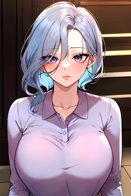 (masterpiece:1.2), best quality, 1lady, pastel blue hair, purple eyes,| goddess, polo, paisley, shirt, <lora:my_friends:0.5>, looking at viewer,
