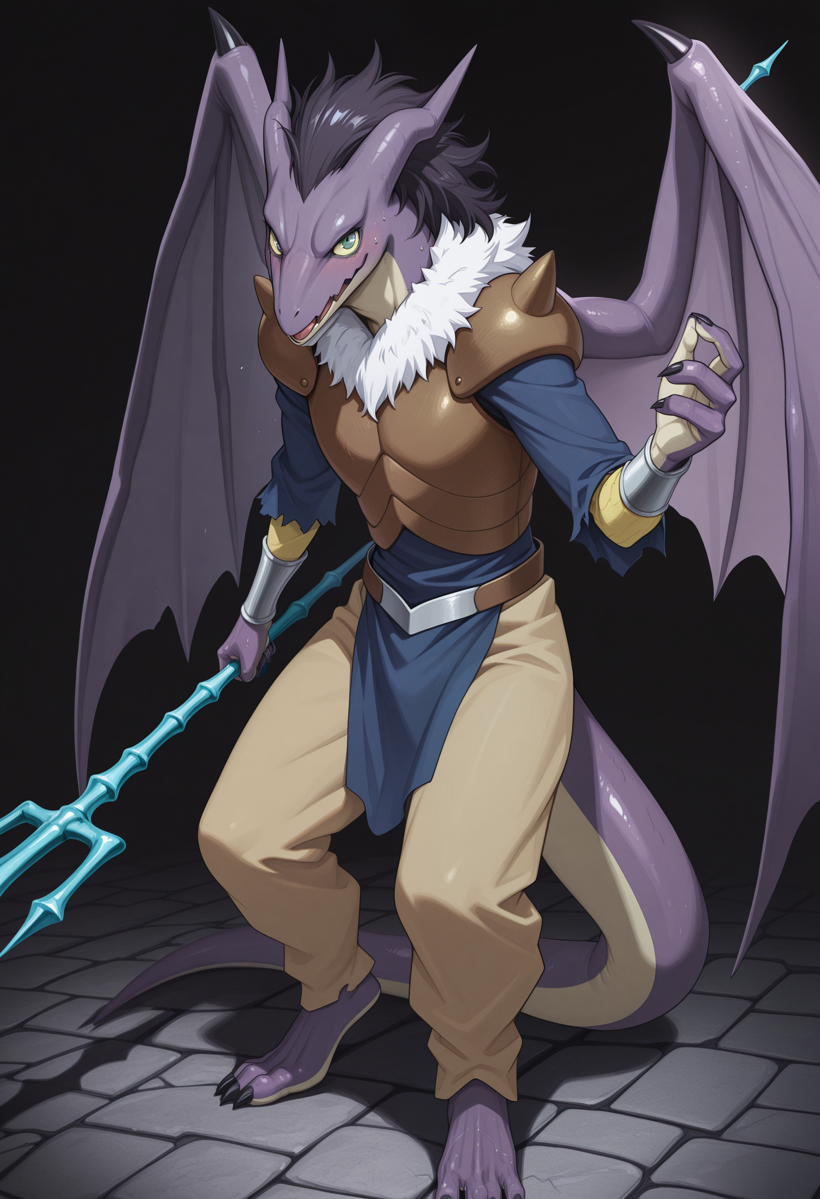 masterpiece, best quality, amazing quality, solo, 1boy, GabiruRs, Purple Skin, wings, armor, blue shirt, pants, trident