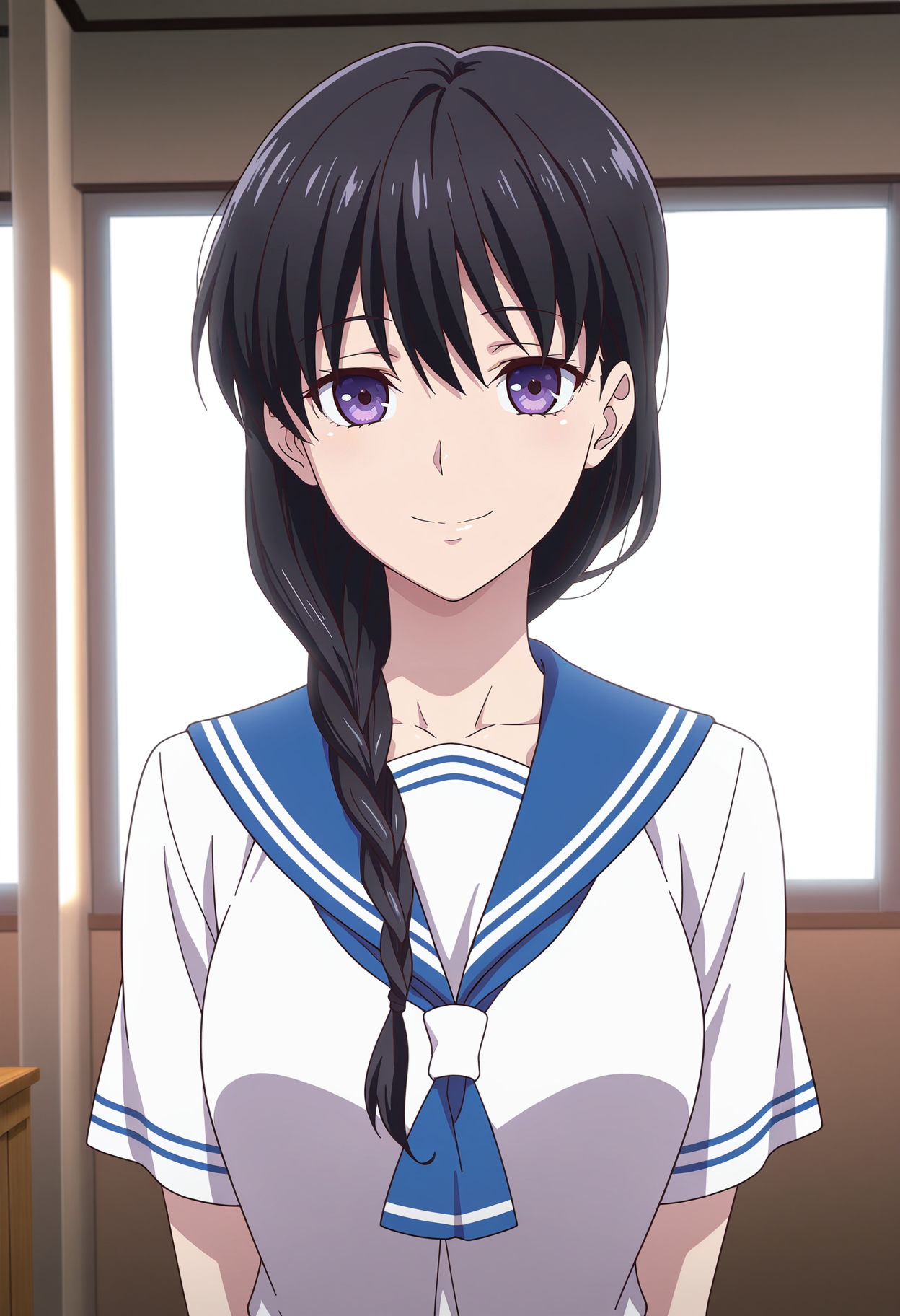 1girl,solo,mm,aged up,long hair,black hair,purple eyes,anime coloring,
braid,hair over shoulder,school uniform,serafuku,white shirt,short sleeves,upper body, looking at viewer,indoors,smile
,masterpiece,best quality,amazing quality,<lora:Saki_Hanajima-Fruits_Basket_IL:0.8>