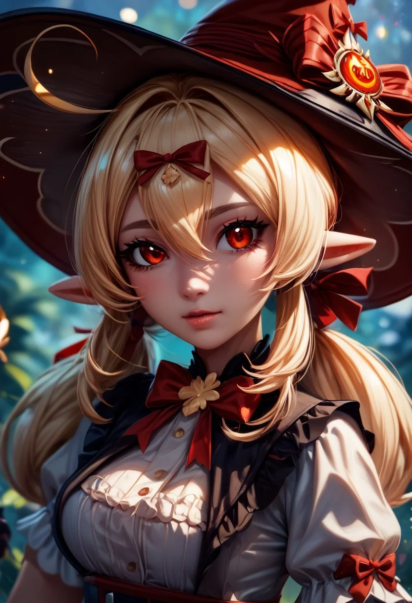 score_9, score_8_up, score_8, medium breasts, (curvy), cute, eyelashes,  busty, cleavage,     ,,, , ,,, zzKlee, hair between eyes, red eyes, ahoge, blonde hair, long hair, low twintails, pointy ears, twintails, witch hat, bow, gloves, short sleeves, black gloves, alternate costume, sidelocks, hat bow,  <lora:KleeBlossomingStarlight_Genshin_PDXL:1.0>,  ,,,, BREAK,  (ultra realistic,32k, masterpiece:1.2),(high detailed skin:1.1),( high quality:1.1), head tilt, lips, closed mouth, shiny clothes, (upper body), looking at viewer, bokeh, luminescent background, ,,, embedding:zPDXL, Expressiveh, ,,, <lora:RlAnmPDXL:1.0>,