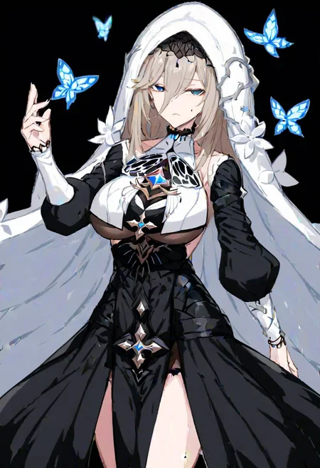 aponia \(honkai impact\),
(aponia, nun, def clothe), 1girl, breasts, bangs,blue eyes,long hair, hair between eyes, blue butterfly, longsleeves,veil,
masterpiece, best quality, very aesthetic, absurdres, 1milf, 1adult, solo, full_body, tachi-e,