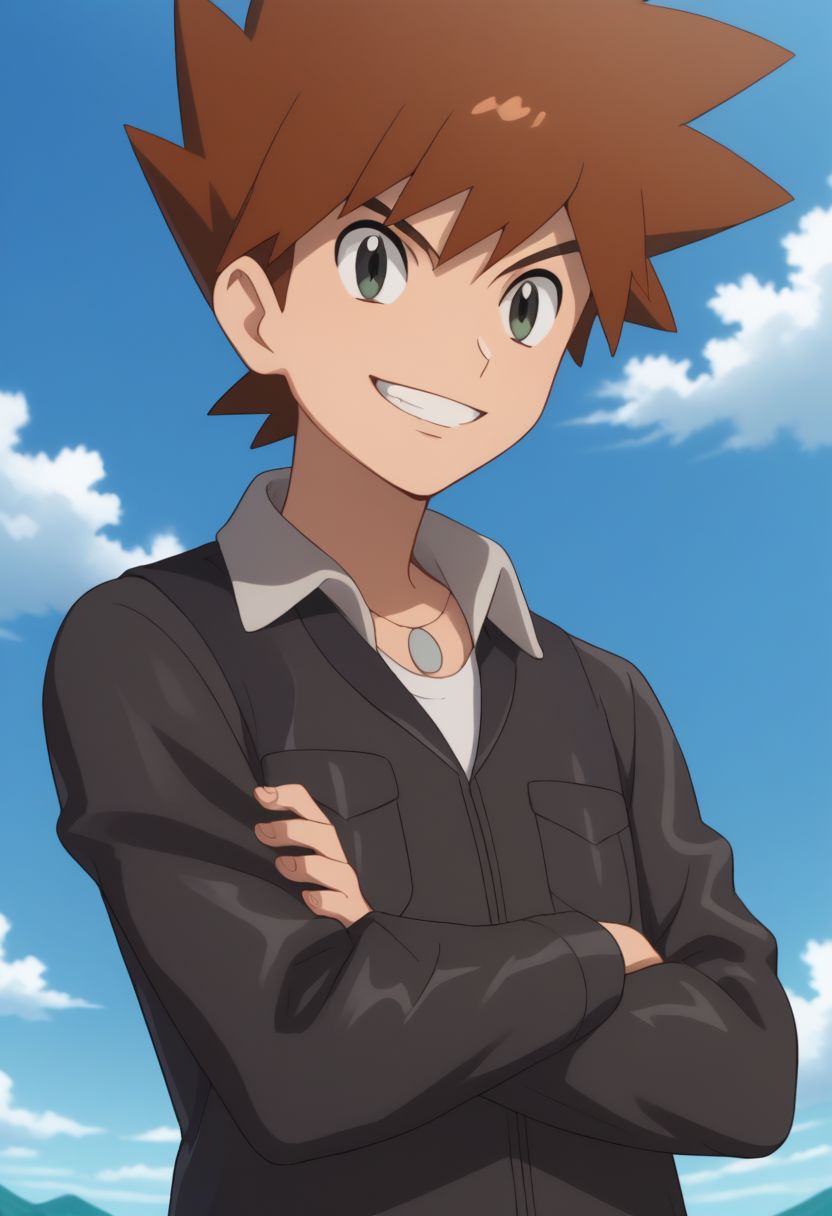 score_9, score_8_up, source_anime, highly detailed, 1boy, solo, skinny
gary_j, 1boy, male focus, solo, spiked hair, sky, cloud, jacket, bangs, brown hair, day, smile, shirt, grey eyes, collared shirt, crossed arms, grin,
outdoor, sky,