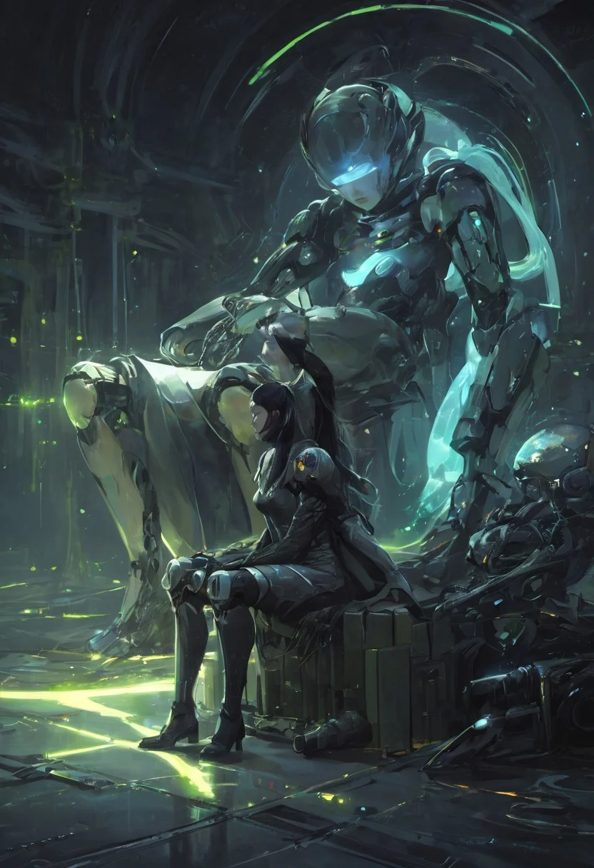 ((masterpiece, best quality, extremely detailed, absurdres)),(fantasic illustration, dynamic lighting), a beautiful goth girl sits with her guardian robot. she summons her magic as streaks of glowing light orbit her, (full body), 1girl, artistic use of contrasting colours and brightness, beautiful face, (interesting camera angle:1.2), <lora:flat2:-1.8>, 8k, very fine detail, cinematic composition and lighting