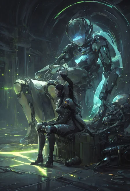 ((masterpiece, best quality, extremely detailed, absurdres)),(fantasic illustration, dynamic lighting), a beautiful goth girl sits with her guardian robot. she summons her magic as streaks of glowing light orbit her, (full body), 1girl, artistic use of contrasting colours and brightness, beautiful face, (interesting camera angle:1.2), <lora:flat2:-1.8>, 8k, very fine detail, cinematic composition and lighting