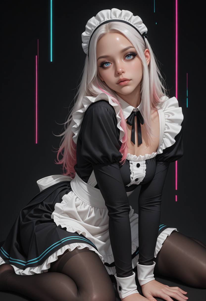 8K, depth of field, focused subject, dynamic angle, sexy pose, best quality, detailed eyes, perfect eyes, realistic eyes, white hair, long hair, pink highlights, blue eyes, black eyeliner, mascara, makeup, slim body, maid cap, black stockings, small ass, medium breast, realistic breast, ruffled maid dress, (black dress), long sleeves, white apron, black ruffled skirt, BREAK, sitting, leaning forward slightly, front view, looking at viewer, movie perspective, dark background, abstract background, (neon lines), dynamic light, colourful, <lora:MoriiMee_Gothic_Niji_Style_Illustrious_r1:0.5> artist:moriimee,  <lora:PowerPuffMixLora:0.3>,