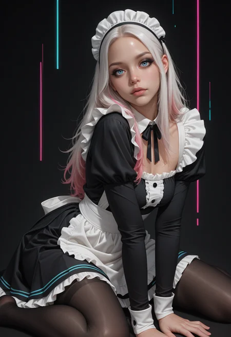 8K, depth of field, focused subject, dynamic angle, sexy pose, best quality, detailed eyes, perfect eyes, realistic eyes, white hair, long hair, pink highlights, blue eyes, black eyeliner, mascara, makeup, slim body, maid cap, black stockings, small ass, medium breast, realistic breast, ruffled maid dress, (black dress), long sleeves, white apron, black ruffled skirt, BREAK, sitting, leaning forward slightly, front view, looking at viewer, movie perspective, dark background, abstract background, (neon lines), dynamic light, colourful, <lora:MoriiMee_Gothic_Niji_Style_Illustrious_r1:0.5> artist:moriimee,  <lora:PowerPuffMixLora:0.3>,