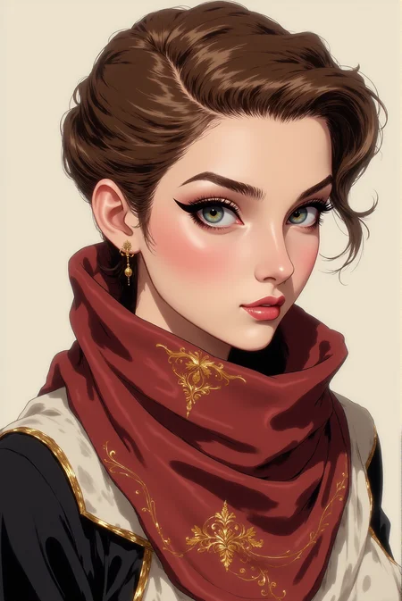 <lora:FANCHA_v.6:0.8> A young, slender female character. Charmingly dare, aristocratic expression and intriguing, exquisite attire complimented with contrasting, volumetric, silk scarf, casually wrapped around her short neck.