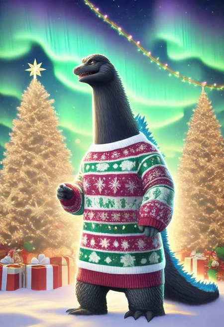 Animal Christmas, masterpiece, best quality, joyful Godzilla, knitted sweater, Christmas tree, festive lights, aurora borealis