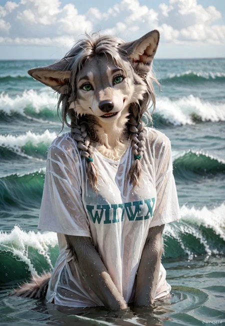 score_9, score_8_up, score_7_up, gray anthro female wolf, green eyes, gray fur, gray twin braids, furry, fluffy gray fur, fluffy wolf tail, surronded by waves, submerged, maverick, big waves, gray hair, wet hair, oversized wet shirt,  furry hands, shy smile, ears tugged back