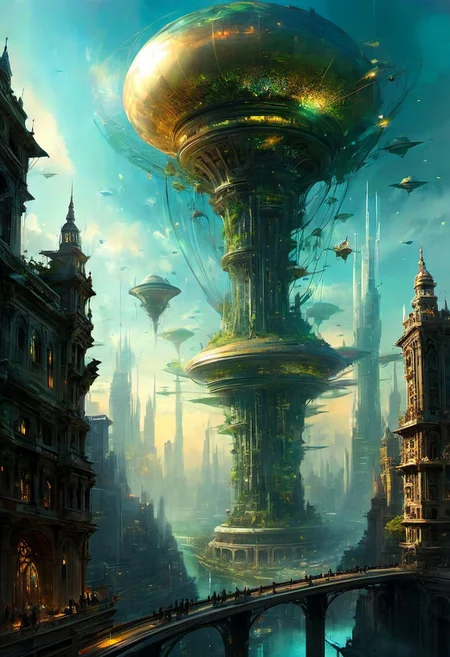 (by Ellen Jewett:1.5), (Bioluminescent Impressionism : 0.5), , the dreamland, Masterpiece, best quality, UHD, 16k, high res, high detailed,
a utopian city of the future, skyscrapers stretch upward, multi-level roads weave a web around the city, a spaceship takes off in the sky, its skin shining, a view from the streets, style by Greg Rutkowski
epic, dynamic colors,