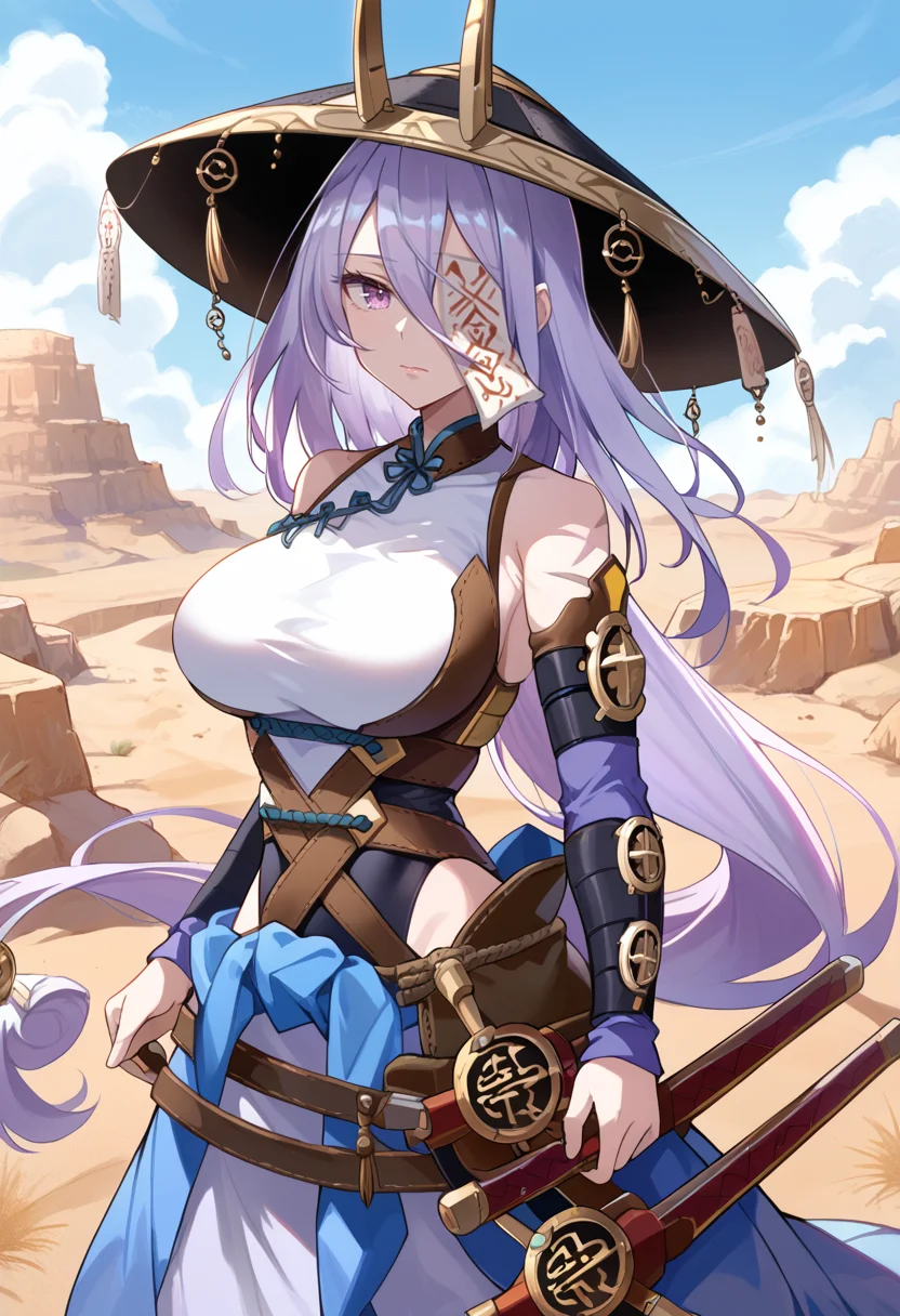 (score_9:0.9),score_8_up,score_7_up,rating_safe,anime style,(zPDXL),(zPDXL3),<lora:The Iris Swordsoul ponyXL v1.1:0.73>,purple eyes,light purple hair,fleurdelis,the iris swordsoul,1girl,solo,horn jingasa,large breasts,looking at viewer,red eyes,ofuda,white leotard,blue detached sleeves,closed mouth,one eye covered,blue long skirt,red scabbard,desert,