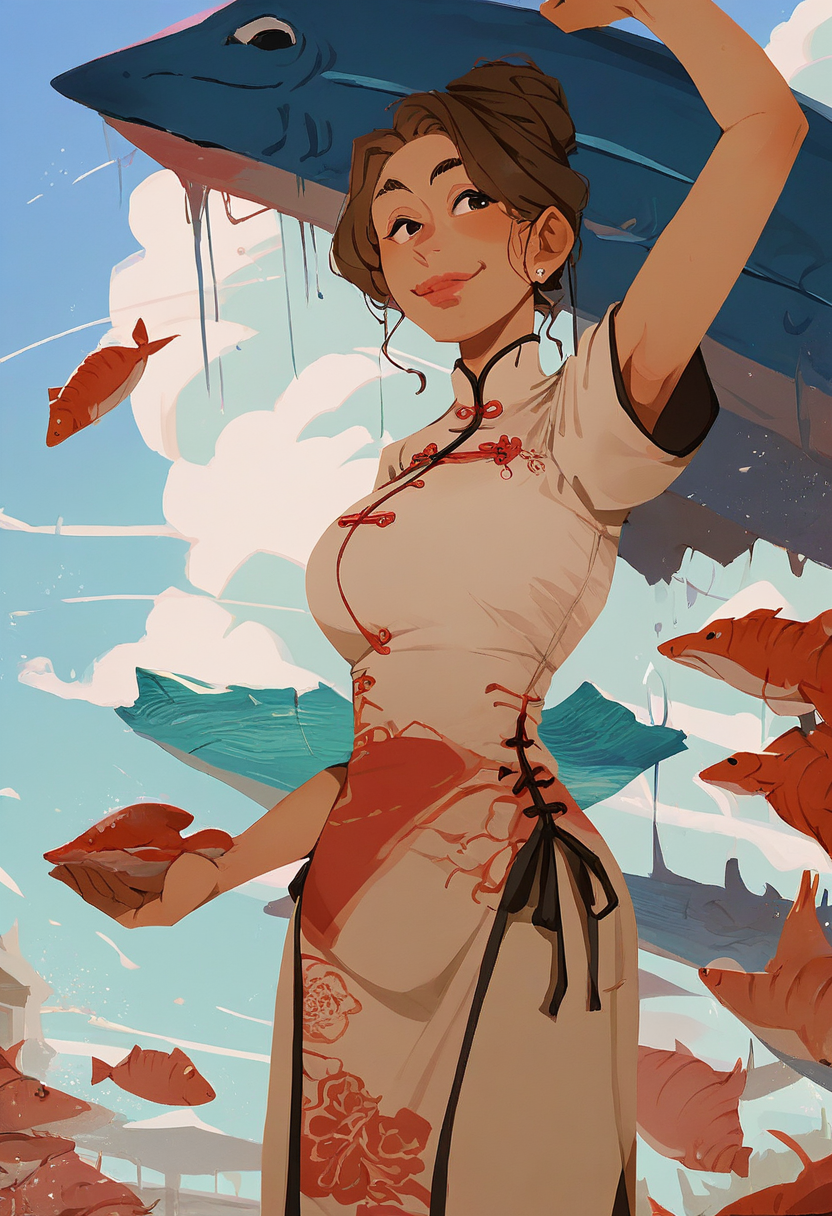 source_anime, score_9, score_8_up, score_7_up, 1girl, mature_female, solo, Leaping with one arm up, from below, (Salmon chinese clothes), dark brown hair, cropped torso, rating_safe, <lora:sdxl\pony diffusion\artist_styles\incase_new_pony:1.0>