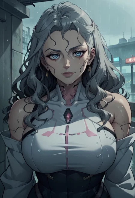 (masterpiece 1.5), (hight quality), Dutch angle, high detail, perfect face,score_9, score_8_up, score_8_up, girl, solo, SlaneeshXL,grey hair,wavy hair, wearing cyber suit, sexy pose, busty breasts, looking at the viewer, cyberpunk atmosphere, raining, neon street, bar near by, cyberpunk street background