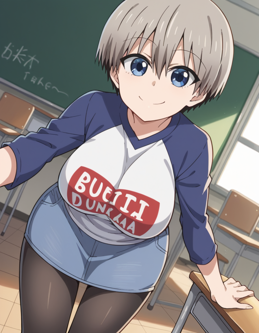 score_9, score_8_up, score_7_up, source_anime,
hanauzaki, <lora:hana-uzaki-s1-ponyxl-lora-nochekaiser:0.8>,
hana uzaki, short hair, blue eyes, large breasts, grey hair,
skirt, shirt, pantyhose, black pantyhose, denim, clothes writing, raglan sleeves, denim skirt, romaji text,
indoors, classroom, bent over, smile,
looking at viewer, cowboy shot, solo, dutch angle,
