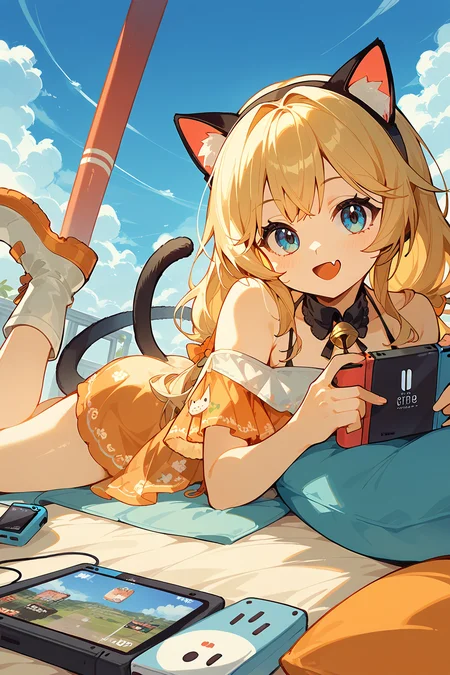 (score_9,score_8_up,score_7_up),<lora:Michele(kalabiqiu)-v1-000008:1>,Michele(kalabiqiu),1girl,blue eyes,solo,tail,lying,long hair,blonde hair,smile,on stomach,open mouth,sky,:d,cat tail,handheld game console,looking at viewer,bangs,blue sky,dress,cloud,pillow,see-through,boots,fang,holding,white footwear,holding handheld game console,virtual youtuber,nintendo switch,day,bell,
good feet,anime,NSFW,expressive,amazing quality,ultra hd 32k,