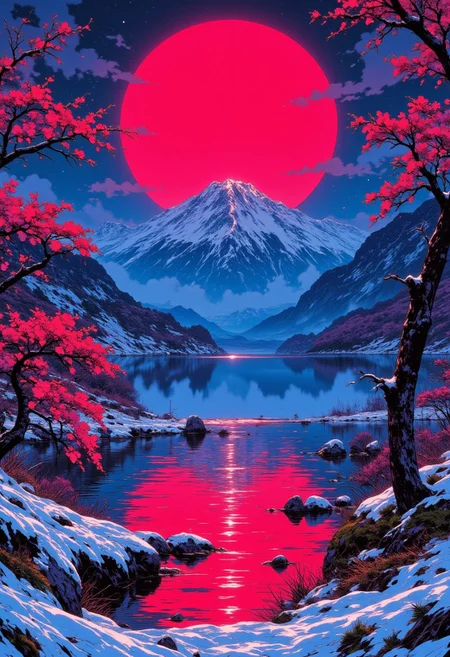 psychedelic night winter landscape, (stunning artwork) sakura garden, serene mountains, sparkling lake, (dark red full moon) hazy atmosphere, snow-covered terrain, (perfect composition) low angle perspective, (award-winning masterpiece) ultra-detailed, breathtaking colors, magical mystique, vivid imagery, CAICO