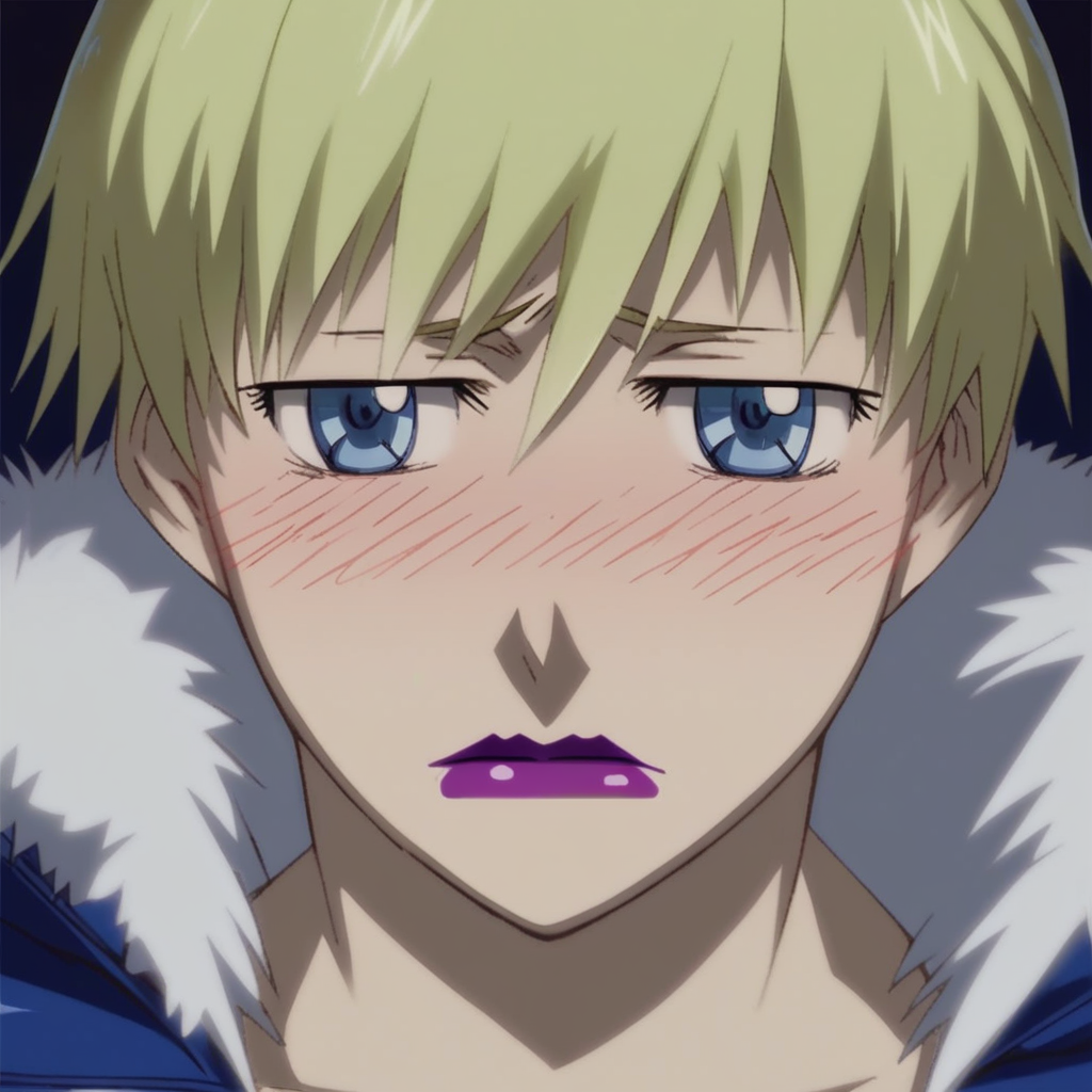 score_9, score_8_up, score_7_up, source_anime, expressive, anime, Artist speedlines, dynamic, D4RK3RTH4NBL4CK, DTB_Style, 1woman, (brita_(darker_than_black):1.2), long_hair, blonde_hair, blue eyes, purple_lips, naked_jacket ,looking at viewer, facing viewer, revealing clothes, convenient_censoring, bare_legs, high_heels, blush, blushing, embarrassed, dark background, Artist style:komori_takahiro