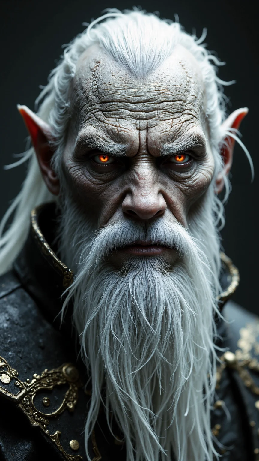 An imposing elder figure with an intensely detailed face covered in reptilian-like scales across his forehead and cheekbones, each scale etched with hyper-realistic texture. His eyes glow a fierce, ominous red, standing out against his weathered, pale skin that captures every wrinkle and line. His long, flowing white hair cascades over his shoulders, with strands intricately defined, adding to his formidable presence. He has a pronounced, pointed beard and mustache, both styled sharply and merging seamlessly with his strong jawline. The high-collared, dark, embroidered armor he wears is embellished with fine, intricate patterns, creating a luxurious contrast against his rough skin. The scene is rendered with ultra-realistic shading and perfect HDR lighting, capturing lifelike textures and meticulous details that give depth to his menacing, otherworldly appearance.