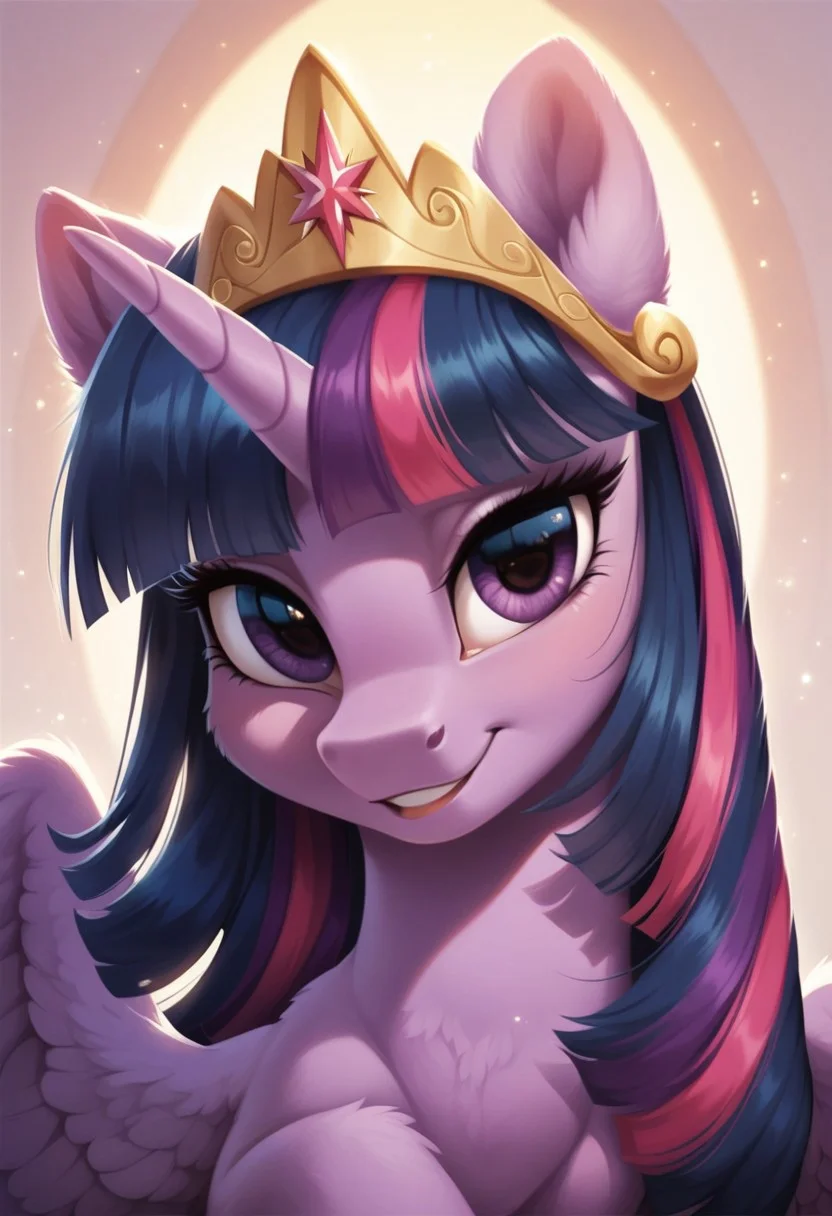 score_9, score_8_up, score_7_up, score_6_up, score_5_up, score_4_up, my little pony, ((feral pony)), Twilight Sparkle, (alicorn), 1girl, ((solo)), (sexy), beautiful, detailed, (detailed cute pony face), detailed eyes, detailed fur, detailed hooves, beautiful, vector, flat colors, (beautiful long eyelashes), (beautiful hooves), hoof shoes, tiara, simple background, colorful background, (looking at you, looking at viewer:1.5), smiling, ((close-up)), high angle