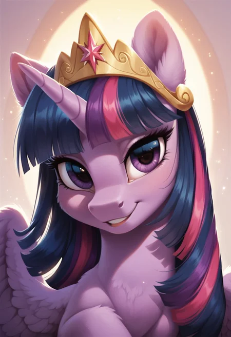 score_9, score_8_up, score_7_up, score_6_up, score_5_up, score_4_up, my little pony, ((feral pony)), Twilight Sparkle, (alicorn), 1girl, ((solo)), (sexy), beautiful, detailed, (detailed cute pony face), detailed eyes, detailed fur, detailed hooves, beautiful, vector, flat colors, (beautiful long eyelashes), (beautiful hooves), hoof shoes, tiara, simple background, colorful background, (looking at you, looking at viewer:1.5), smiling, ((close-up)), high angle