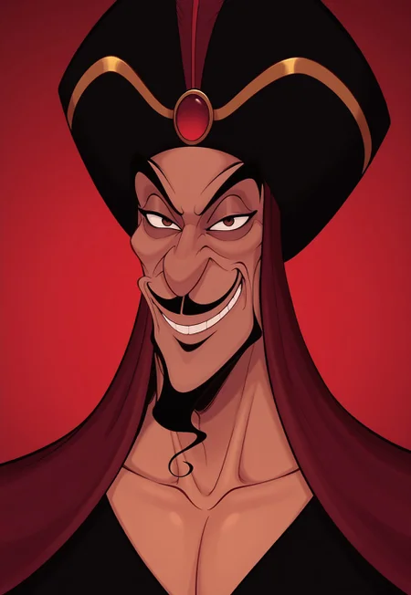 solo, masterpiece, modern, new, 1boy, male, masculine face, daddy looking face, w0lfc0nf

DisneyJafar, hat, mustache, facial hair, cape, black robes, headshot, looking at viewer, smiling, head only, no hands