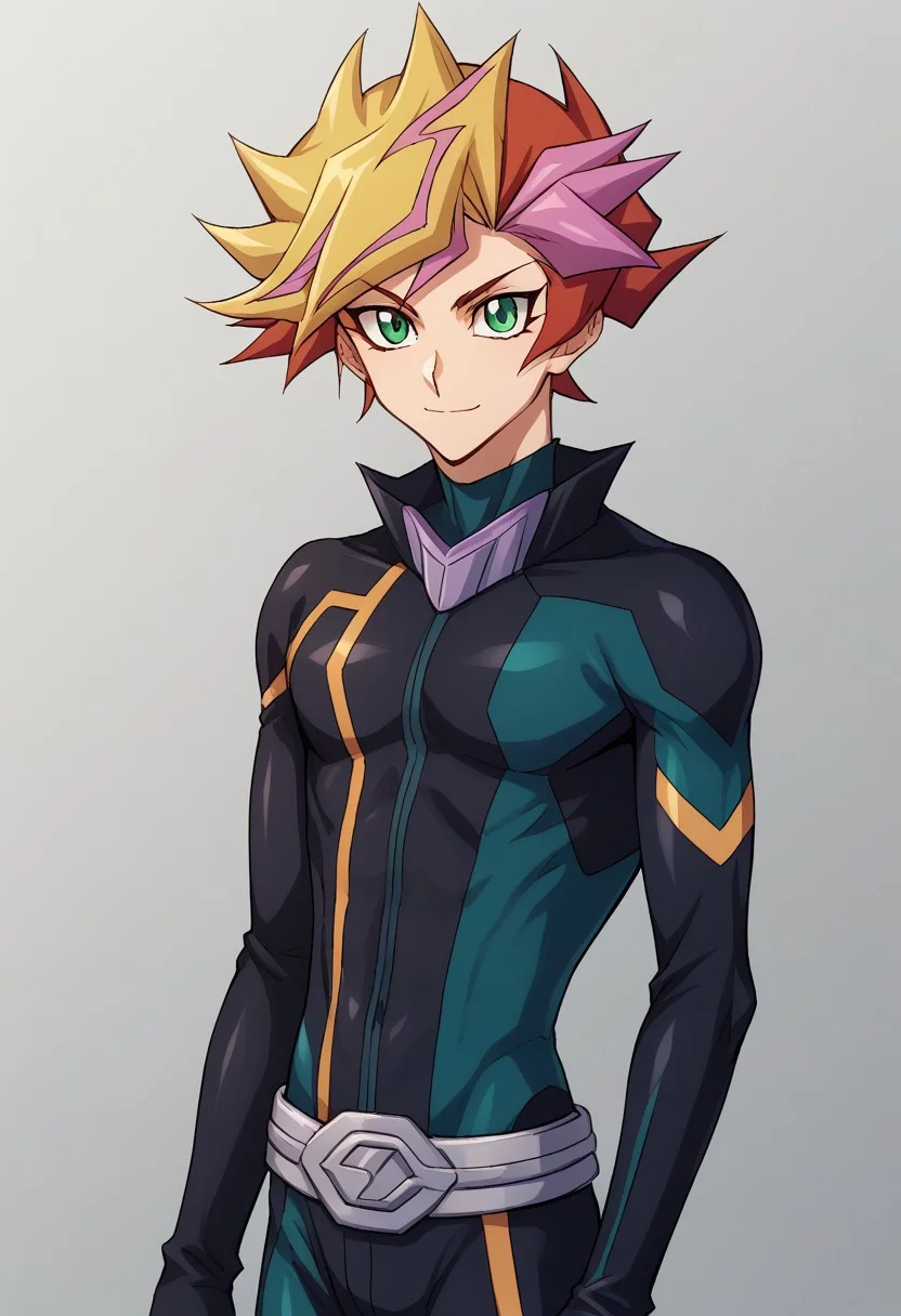 score_9, score_8_up, score_7_up, source_anime, highly detailed,
yusaku, 1boy, male focus, solo, multicolored hair, green eyes, bodysuit, spiked hair, blonde hair, looking at viewer, closed mouth, belt, black bodysuit, dyed bangs, playmaker outfit, upper body, smile, closed mouth
outdoor, virtual reality, neon,