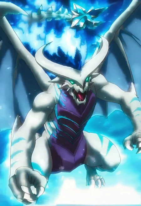 score_9_up, score_8_up, score_7_up, anime style, alone, full body, dragon, emerald green eyes, non-human, spirit, dragon, white western dragon, toothless and rostrum style snout, antlers with a half-moon pattern, light blue flames that go from the back of the head to the tail, a spear at the tip of the tail,