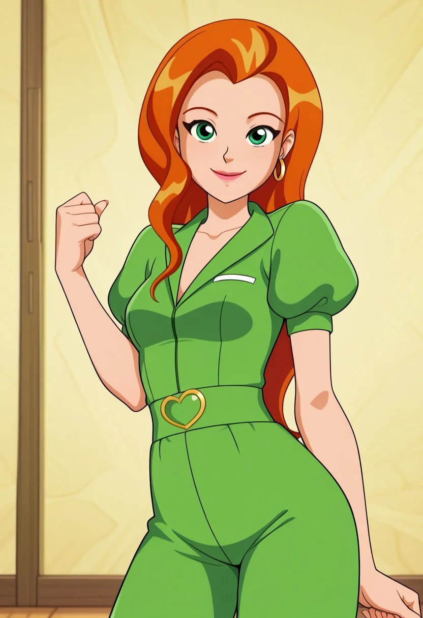 masterpiece, best quality, good quality, 1girl, solo, cartoon, totally_spies_2k24, sam, orange hair, long hair, green eyes, hoop earrings, (green clothes:1.3), short puffy sleeves, sexy, medium breasts, beautiful, detailed, high detailed, very beautiful, detailed face, detailed eyes, detailed hand, fingernails, abstract background, neon, smile, posing, pose, looking at viewer, face focus