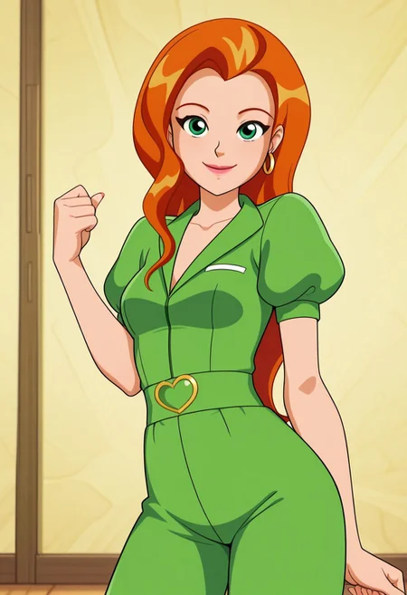 masterpiece, best quality, good quality, 1girl, solo, cartoon, totally_spies_2k24, sam, orange hair, long hair, green eyes, hoop earrings, (green clothes:1.3), short puffy sleeves, sexy, medium breasts, beautiful, detailed, high detailed, very beautiful, detailed face, detailed eyes, detailed hand, fingernails, abstract background, neon, smile, posing, pose, looking at viewer, face focus