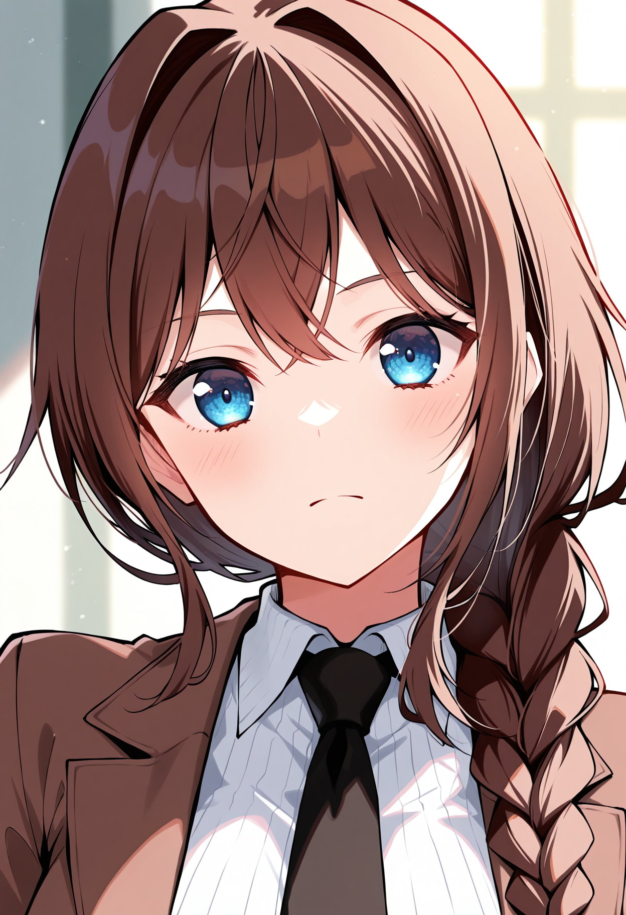 <lora:RikkaInohanaMHTIL:1>, rikkainohana, single braid hair, long braid, blue eyes, brown hair,
white shirt, brown jacket, black nacktie,
looking at viewer, portrait,
masterpiece,best quality,amazing quality,