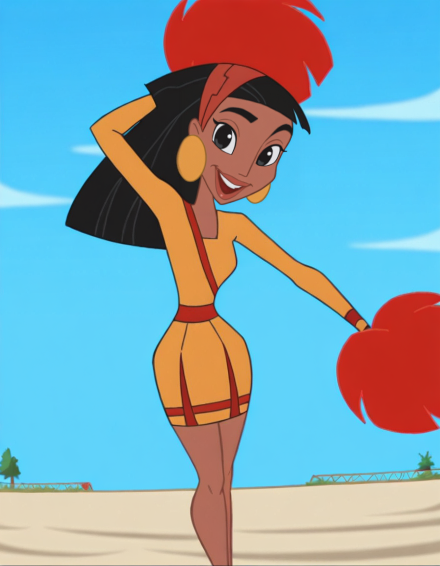 <lora:MalinaIllustrious1.0JLFO:1> malina, 1girl, black hair, dark skin, dark-skinned female, solo, jewelry, pom pom, (cheerleading), earrings, long hair, cheerleader, smile, dancing, hoop earrings, hairband, looking at viewer, black eyes, very dark skin, headband, yellow shirt, skirt,looking at viewer, open mouth, blue sky,