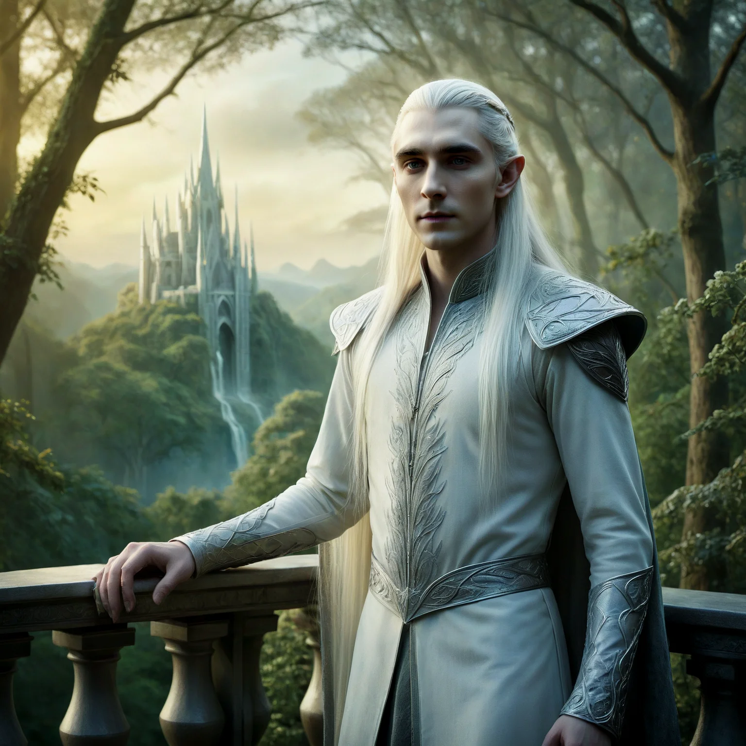 Masterpiece. Fantasy style. 

Thranduil, the Elven King, in a forest glade, standing on a balcony, overlooking the mythical Elven city.

<lora:EtherealSaraph01a_CE_XL_300-OT:0.5> ethrlsrphCE_style
