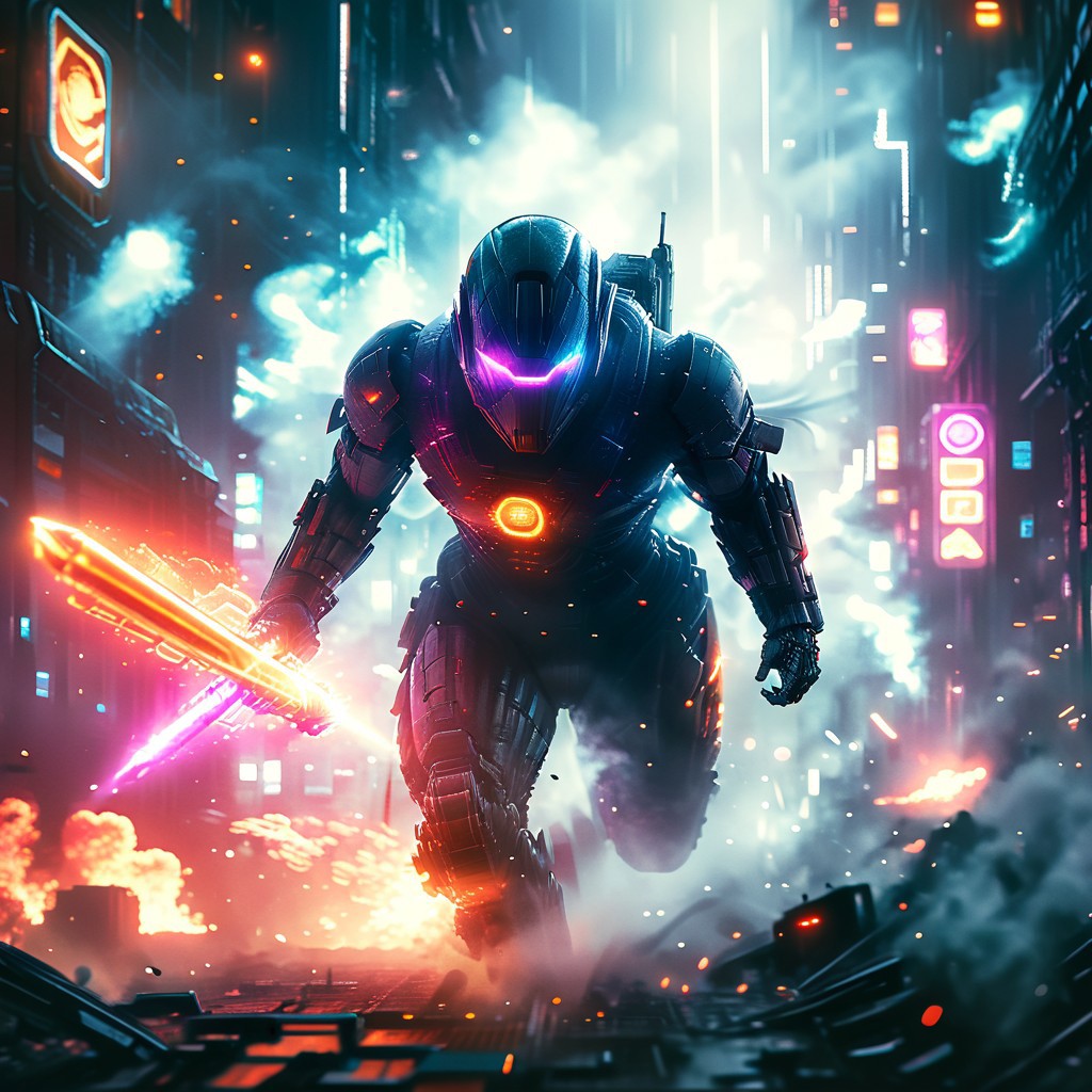 A high-octane battle scene set in a futuristic city under siege. In the foreground, a cybernetic warrior leaps through the air, dual-wielding energy swords that leave glowing trails of light. Explosions erupt around them as they charge into a swarm of robotic enemies, their metallic bodies shattered by the impact. Hovering drones fire lasers from above, while speeding vehicles crash and scatter in the background. The city’s towering skyscrapers, lined with neon lights and holographic billboards, are caught in the chaos, with debris and smoke filling the air. Sparks fly, and the vibrant colors of battle clash with the dark, gritty environment, creating a sense of relentless action and intensity.
