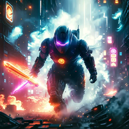A high-octane battle scene set in a futuristic city under siege. In the foreground, a cybernetic warrior leaps through the air, dual-wielding energy swords that leave glowing trails of light. Explosions erupt around them as they charge into a swarm of robotic enemies, their metallic bodies shattered by the impact. Hovering drones fire lasers from above, while speeding vehicles crash and scatter in the background. The city’s towering skyscrapers, lined with neon lights and holographic billboards, are caught in the chaos, with debris and smoke filling the air. Sparks fly, and the vibrant colors of battle clash with the dark, gritty environment, creating a sense of relentless action and intensity.