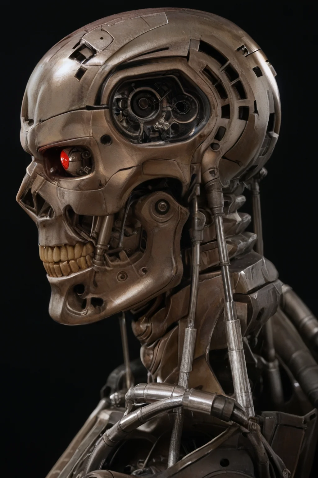 T800_Endo, Terminator robot, score_9, score_8_up, score_7_up, (source_IRL, source_movie), cinematic, realistic, masterpiece, high quality, highres RAW photo, ((close-up shot, close-up head shot, side profile view, from the side))
((an UpgradedT800_Endo Terminator Robot)) with red eyes, he is made of metal, he is made of shiny chrome metal, new, clean, <lora:T800_Endo_Terminator_Pony_v1-000013:1>
(standing)
black background
dynamic lighting, highly detailed, intricate details
