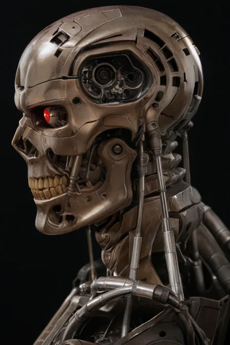 T800_Endo, Terminator robot, score_9, score_8_up, score_7_up, (source_IRL, source_movie), cinematic, realistic, masterpiece, high quality, highres RAW photo, ((close-up shot, close-up head shot, side profile view, from the side))
((an UpgradedT800_Endo Terminator Robot)) with red eyes, he is made of metal, he is made of shiny chrome metal, new, clean, <lora:T800_Endo_Terminator_Pony_v1-000013:1>
(standing)
black background
dynamic lighting, highly detailed, intricate details