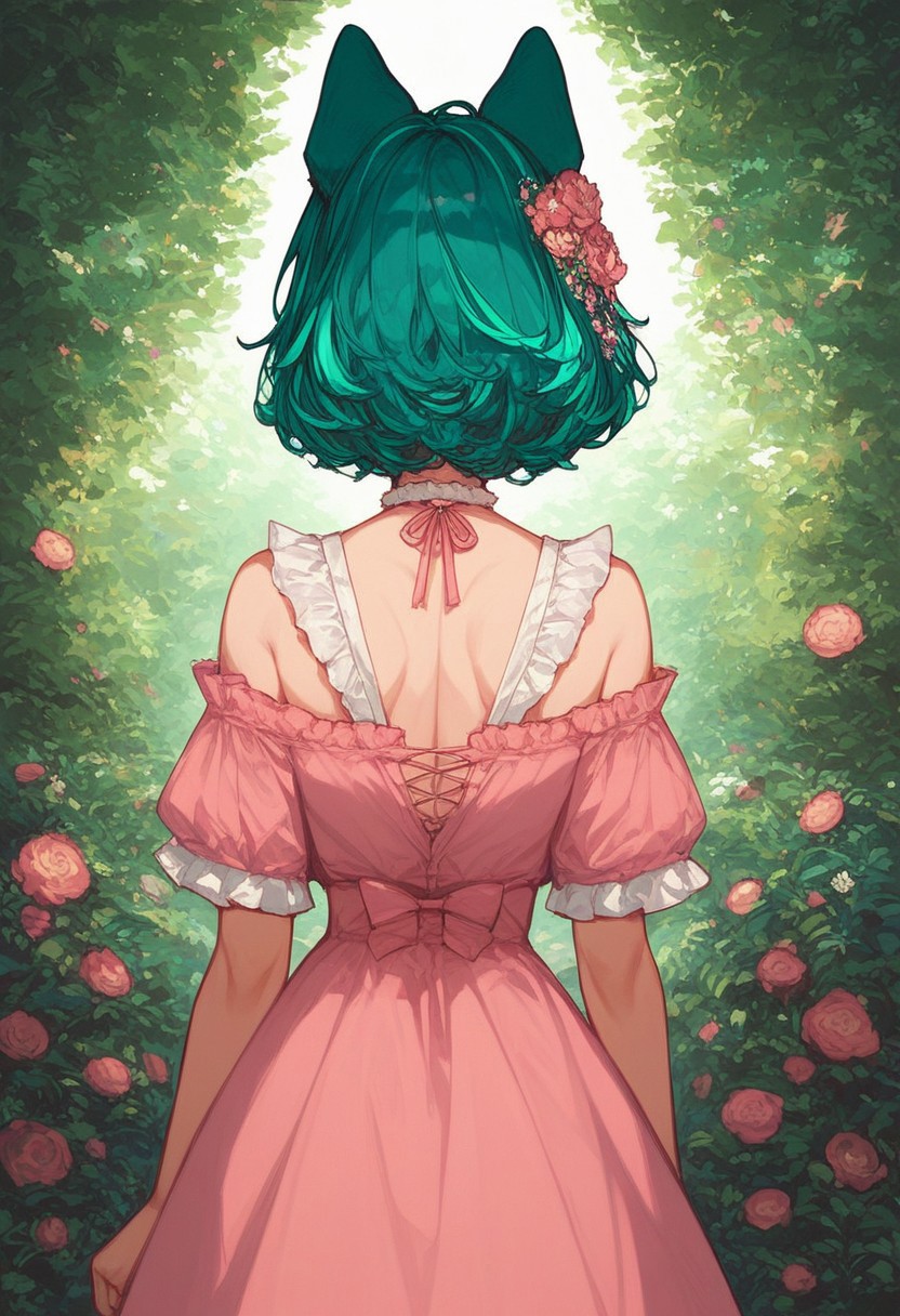 score_9, score_8_up, score_7_up, score_6_up, score_5_up, (art, from behind, (psychedelic), garden, sunlight, dog ears, pink dress, frilled dress, hair ornament, 1girl, shoulder length, teal hair, green streak, blunt bang)