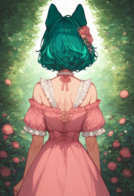 score_9, score_8_up, score_7_up, score_6_up, score_5_up, (art, from behind, (psychedelic), garden, sunlight, dog ears, pink dress, frilled dress, hair ornament, 1girl, shoulder length, teal hair, green streak, blunt bang)