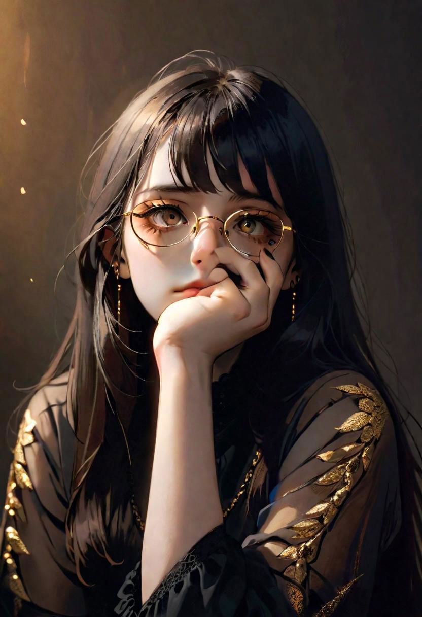 1girl reflective glasses
bangs
long hair
 lethargic sleepy smoky eyes
her hands under her chin,
    shadows, 
  Gradient mastery,   gold decorations 
 photography, photography-color, portraits