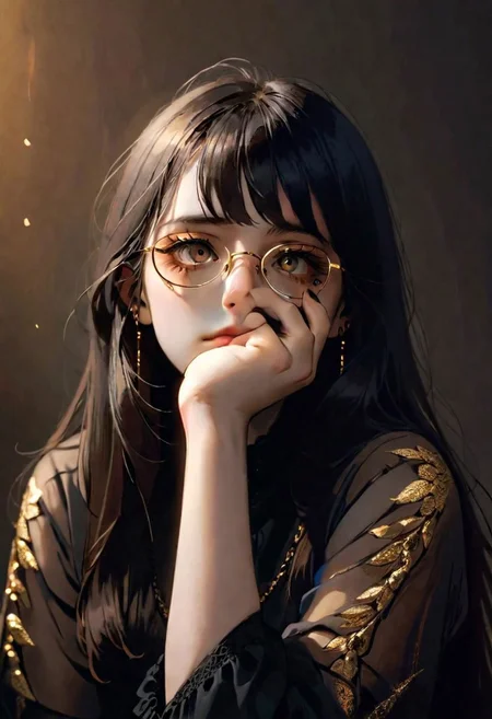 1girl reflective glasses
bangs
long hair
lethargic sleepy smoky eyes
her hands under her chin,
shadows,
Gradient mastery, gold decorations
photography, photography-color, portraits