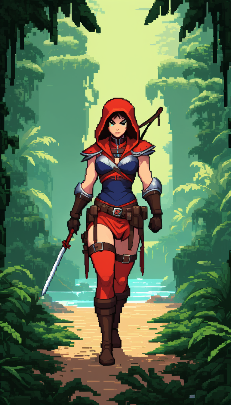 pixel-art Cinematic scene, hero view, diablo 4, female rogue, action pose, <lora:diablo_4_rogue_v0.0.1:1>, jungle, masterpiece, best quality, high quality, absurdress . low-res, blocky, pixel art style, 8-bit graphics