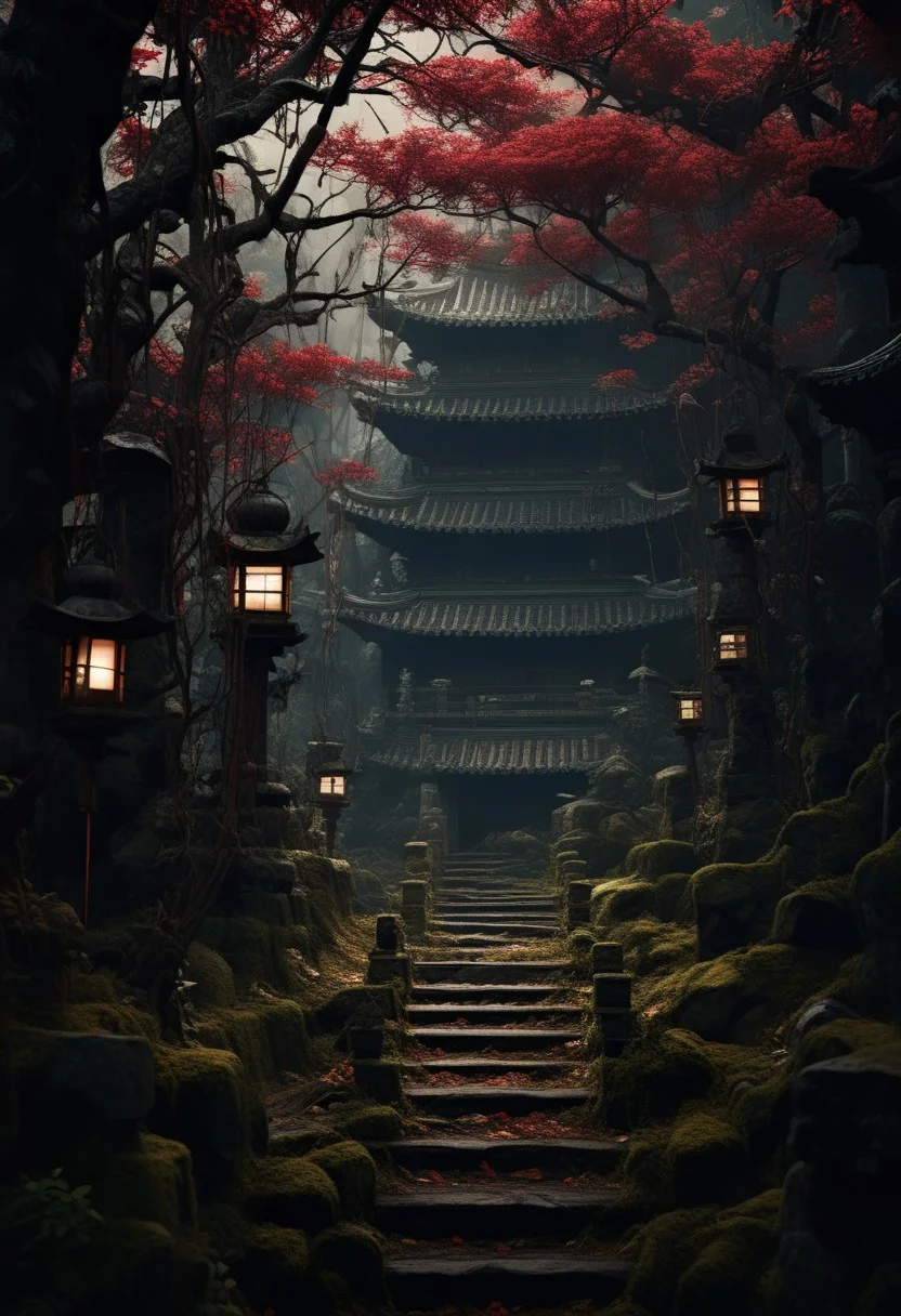 Blame by Tsutomu nihei, scenery, tree, stairs, no humans, outdoors, statue, lantern, architecture, stone lantern, east asian architectur,  easynegative, deepnegative_v1_75t
