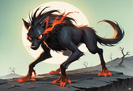 score_9, score_8_up, score_7_up,score_6_up, score_5_up, score_4_up,source_anime,retro artstyle,halftone effect,epic,intricate linework,no humans,creature focus,a black furred barghest with glowing red eyes skulking in the woods,full body